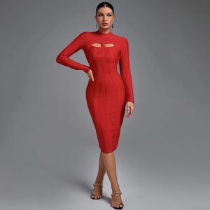 Red High Neck Long Sleeve Bandage Dress Size L